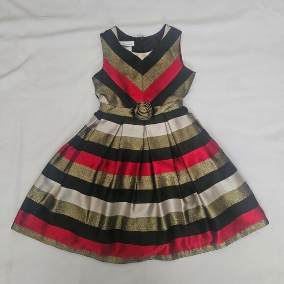 Bonnie Jean Metallic Stripe Gold Sash Bow Waist Sleeveless Party Dress Size 8 - Picture 4 of 11